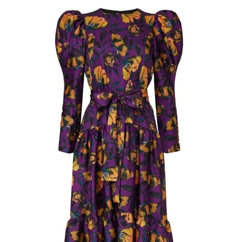 DELFI Collective Taylor Dress XS Purple Floral‎ Puff Sleeve Romantic Maxi Whymsi